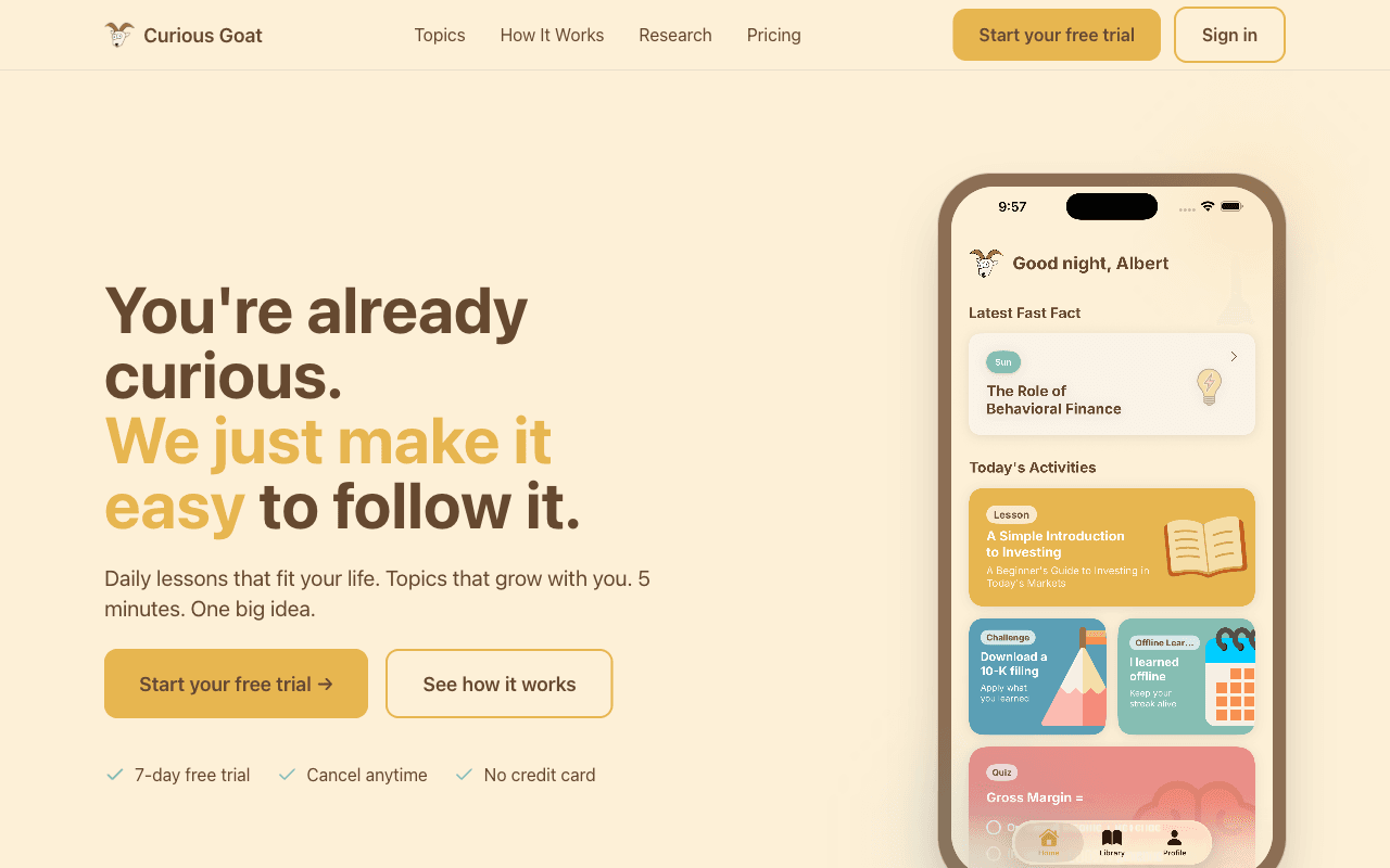 Curious Goat marketing site with the mobile app's daily lesson feed