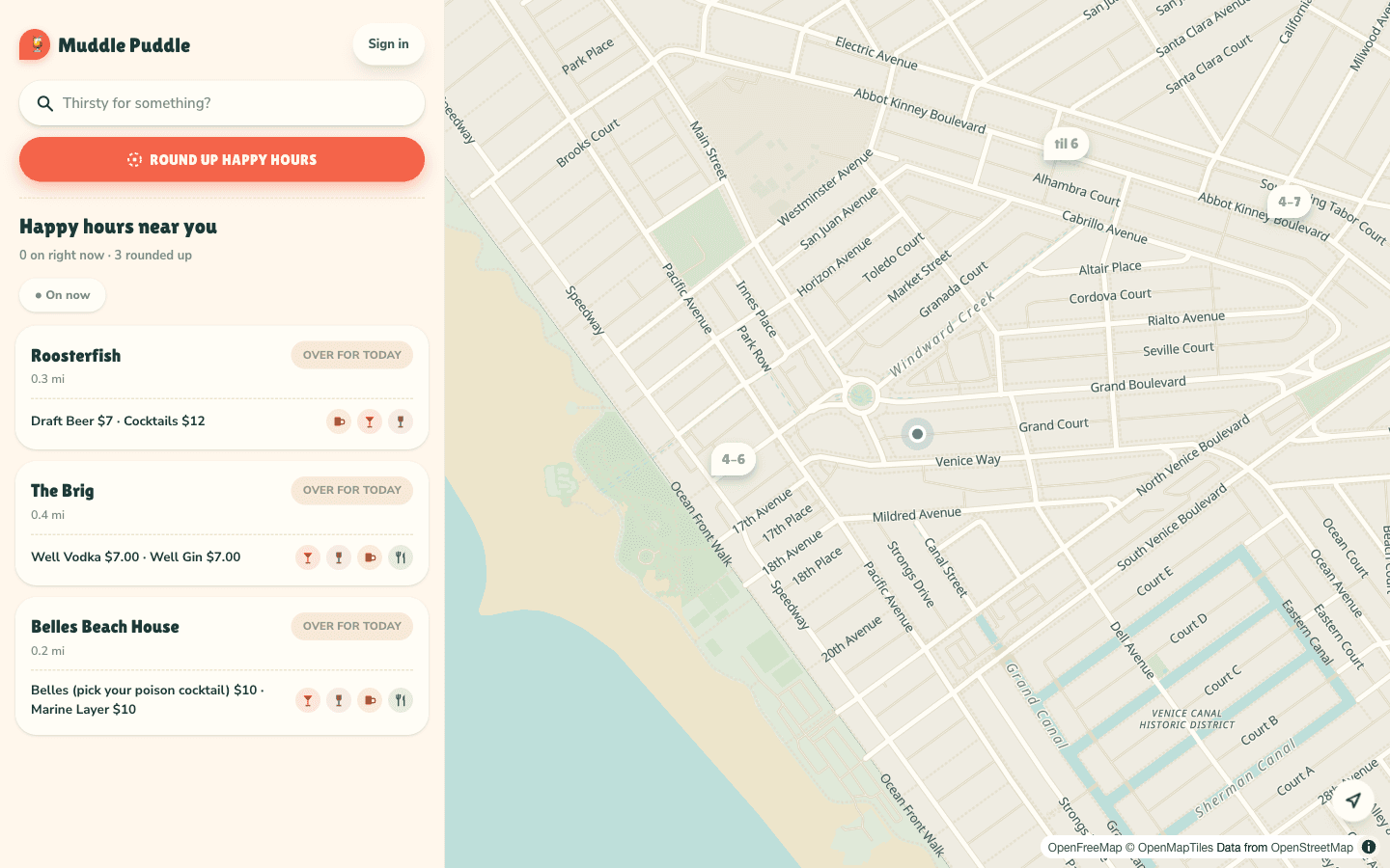 Muddle Puddle map of Venice happy hours with rounded-up specials and prices