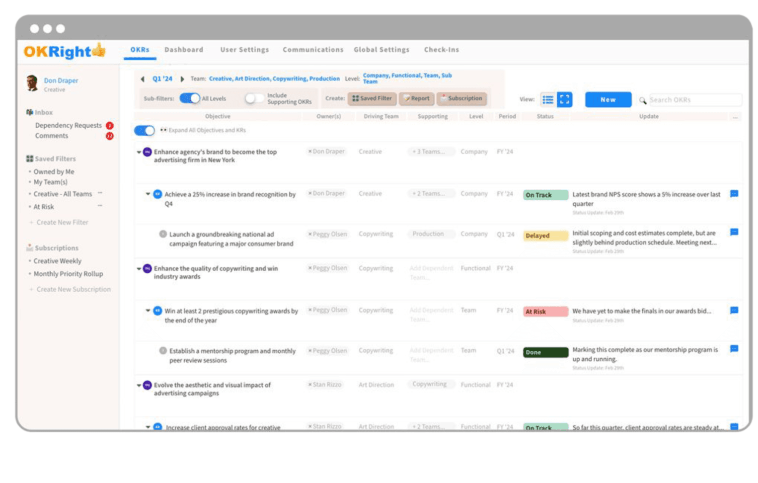 OKRight objectives view with owners, driving teams, statuses, and updates